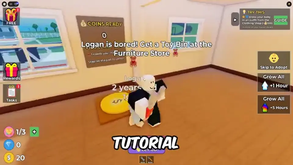 Raise The Biggest Family HUD after tutorial with coins and tasks but no Codes button